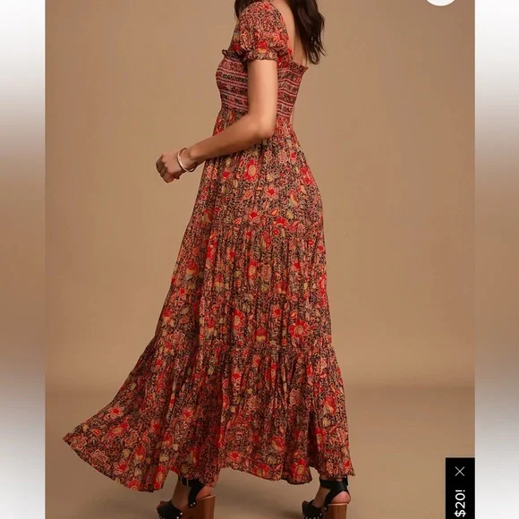 Free People Getaway Red Floral Print Pleated Tiered Maxi Dress - Picture 3 of 4